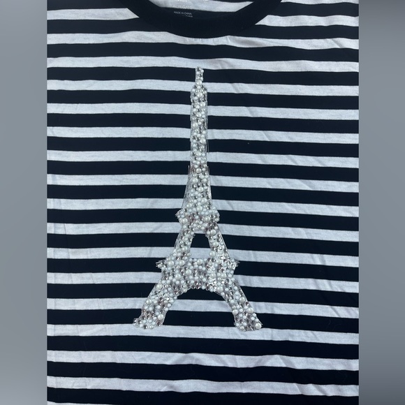 Karl Lagerfeld Paris Stripe Knit Eiffel Tower Short Puff Sleeve Tee S69-24 - Picture 4 of 7